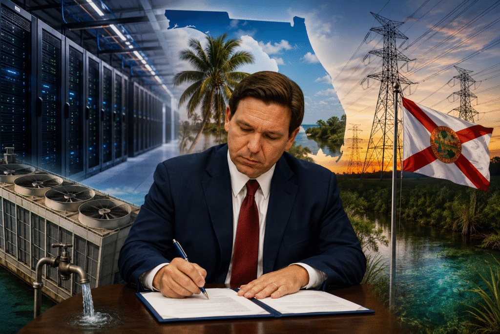 Political-style composite image showing Florida Governor Ron DeSantis signing legislation surrounded by server racks, power lines, water infrastructure, and Florida environmental imagery representing regulation of hyperscale AI data centers.