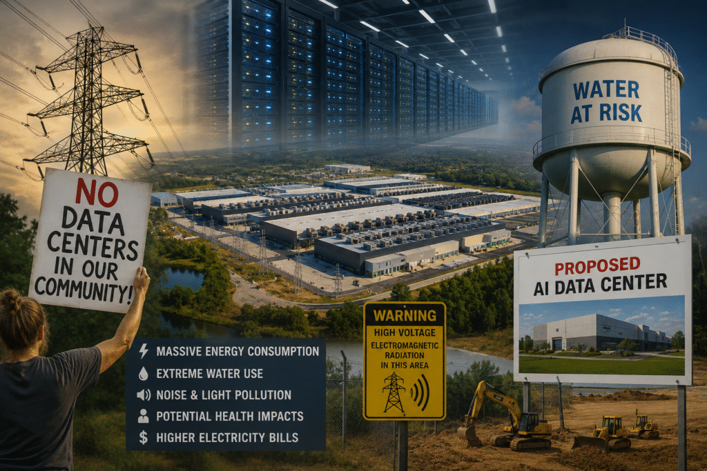 Editorial-style image showing a massive AI data center complex surrounded by electrical infrastructure, water towers, construction equipment, and community protest imagery, symbolizing growing public concerns over artificial intelligence expansion, energy consumption, environmental impact, and surveillance infrastructure.