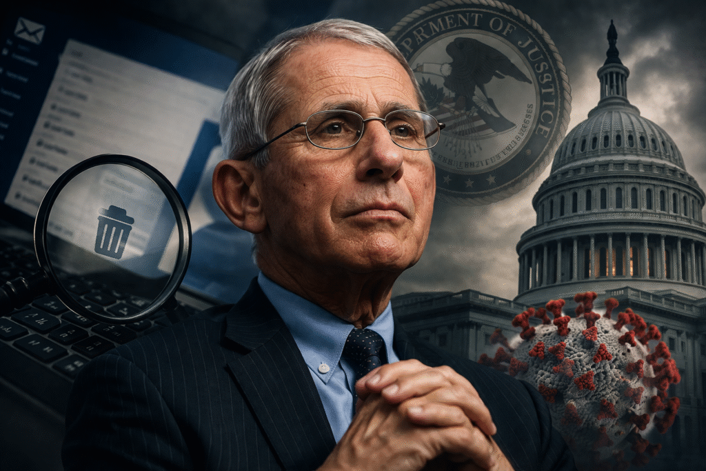 Older male public health official in suit with US Capitol, legal scales, documents, and virus imagery symbolizing investigation into COVID-related testimony