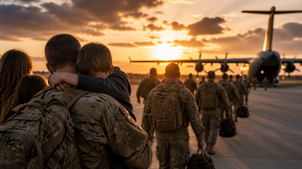 National Guard soldiers walk toward a military aircraft at sunset while one soldier embraces a child in an emotional farewell on the runway
