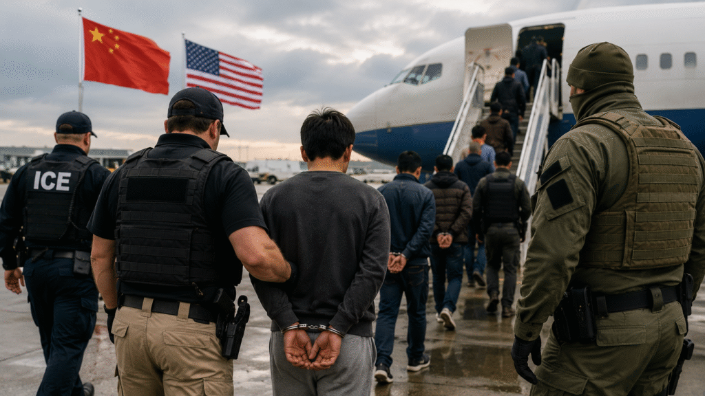ICE officers escort detained migrants across an airport tarmac toward a passenger aircraft as American and Chinese flags wave beneath dark overcast skies.