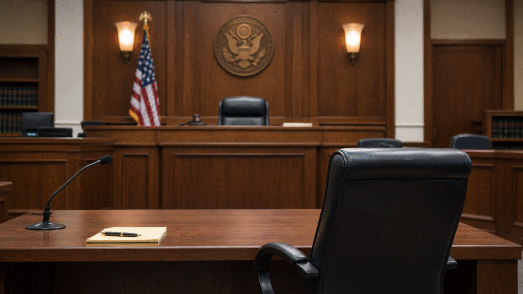 Empty courtroom with judge’s bench, microphone, and American flag in a formal legal setting