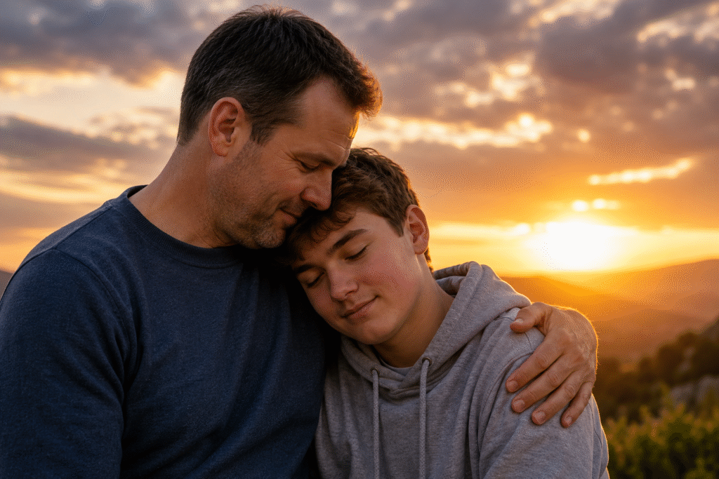 A father embracing his teenage son at sunset in a peaceful outdoor setting, symbolizing faith, healing, gratitude, and overcoming childhood leukemia together.