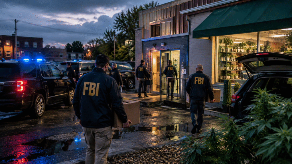 FBI agents carry evidence boxes outside a storefront and office building during an evening raid as unmarked vehicles with flashing blue lights block the wet parking lot.