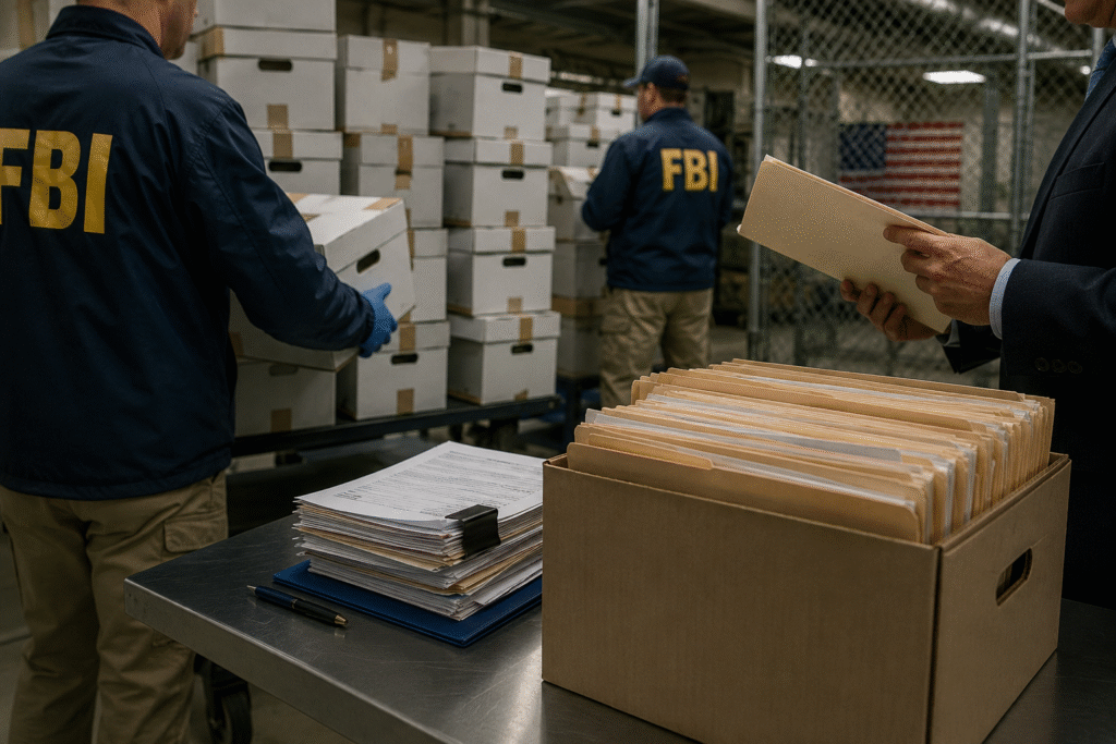 FBI agents organizing election records and ballot boxes inside a secure evidence storage warehouse during an ongoing federal investigation into Fulton County’s 2020 election materials.