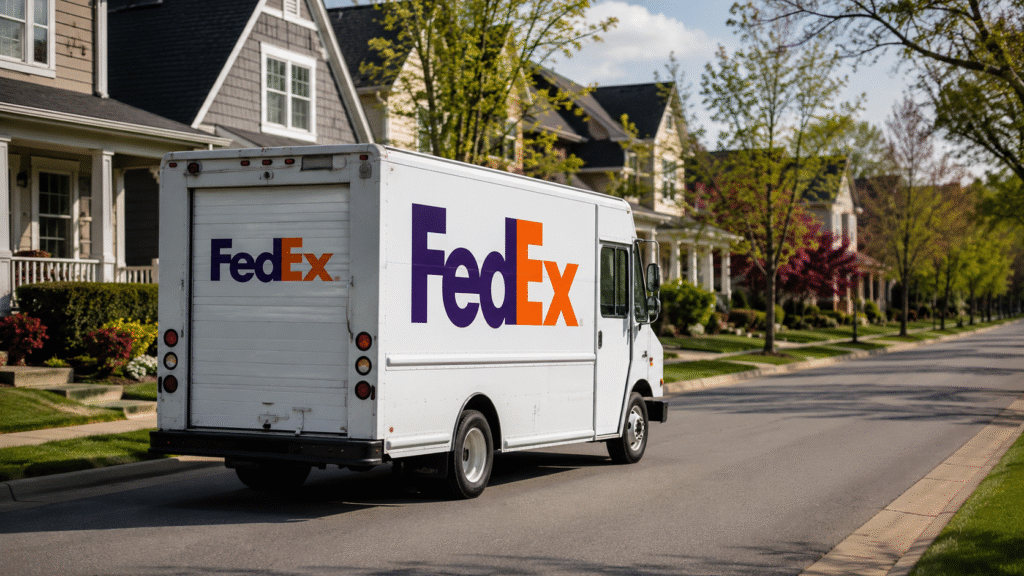FedEx delivery truck driving through a quiet suburban neighborhood lined with residential homes, trees, and neatly maintained lawns during the day.