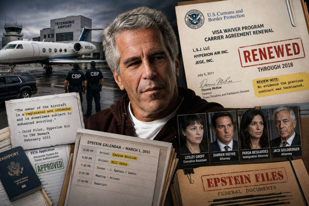 Investigative-style composite image showing Jeffrey Epstein surrounded by federal visa waiver documents, a private jet, CBP agents, passports, calendars, and immigration-related files, symbolizing allegations surrounding Epstein’s federally approved international travel operations and immigration network.