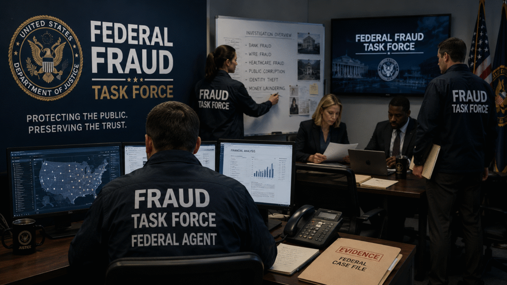 Federal fraud task force agents review financial crime evidence and digital case files inside a secure investigative operations center with U.S. Department of Justice insignia displayed in the background.
