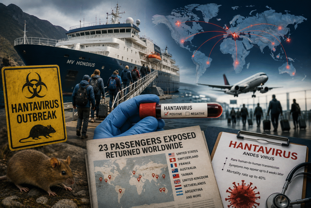 News-style image showing the MV Hondius cruise ship, passengers traveling internationally, hantavirus warning signs, a blood sample labeled hantavirus positive, and a global map illustrating international exposure routes connected to the reported Andes virus outbreak aboard the cruise vessel.