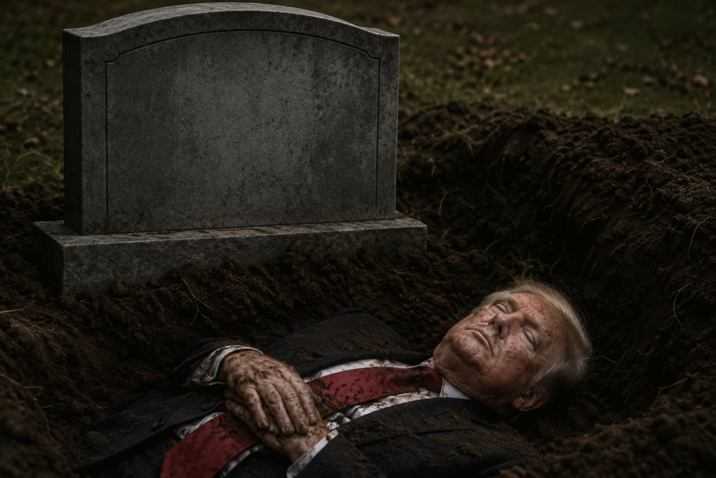 A dark cemetery scene showing a grave and tombstone with a deceased older man in a suit lying inside the dirt grave at night, symbolizing political controversy and public backlash.