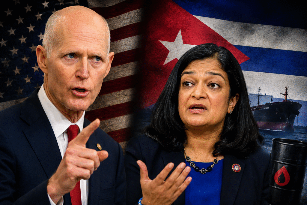 Political composite image showing Senator Rick Scott and Representative Pramila Jayapal against blended American and Cuban flags, with an oil tanker and oil barrel symbolizing the controversy over Cuba oil sanctions and foreign policy tensions.