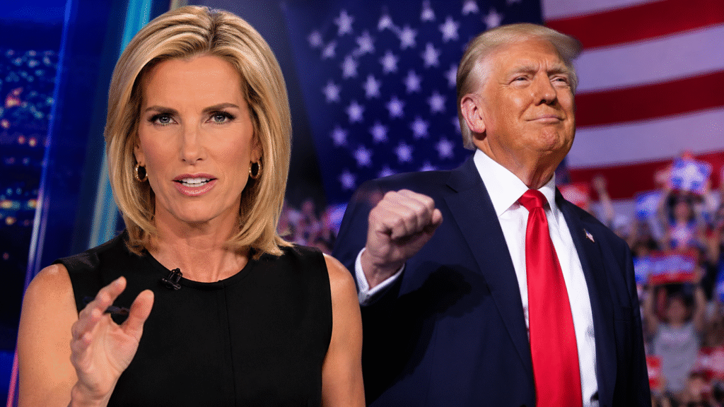 Composite news-style image showing Laura Ingraham speaking on a television set beside President Donald Trump raising his fist in front of an American flag and cheering crowd backdrop.