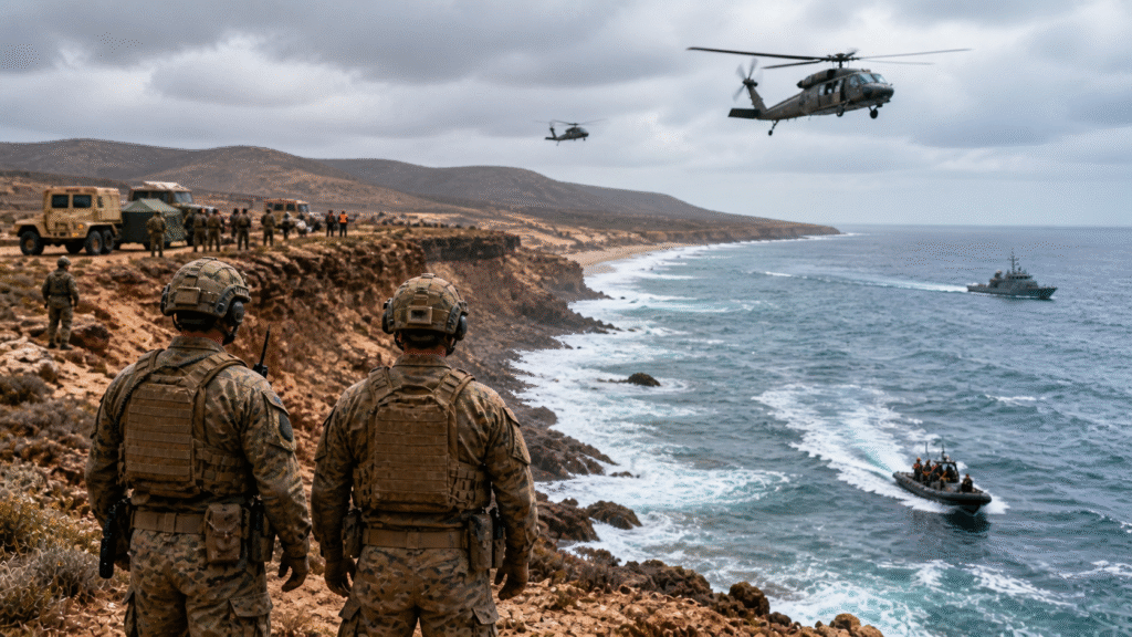 Military personnel conducting a coastal search and rescue operation with helicopters overhead and boats scanning the ocean below rugged cliffs under overcast skies