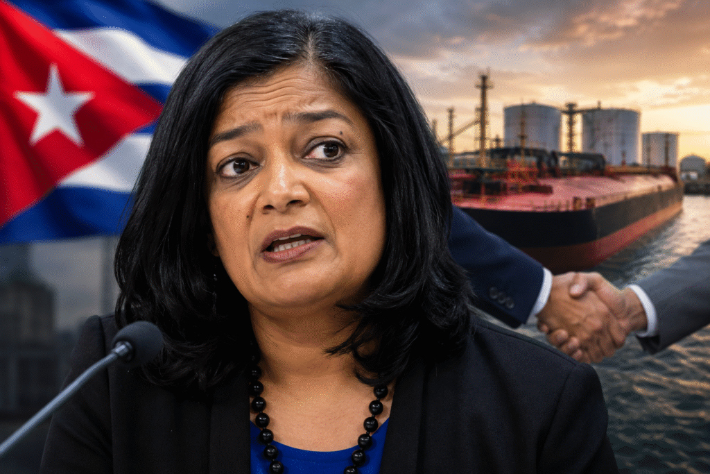 Representative Pramila Jayapal speaking at a microphone with a Cuban flag, oil tanker, and diplomatic handshake scene in the background, symbolizing controversy surrounding Cuba sanctions and foreign policy negotiations.