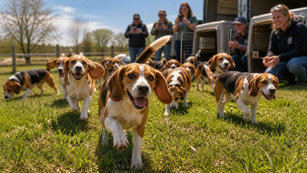 Group of beagles running freely across a grassy field as people watch and open transport crates in the background