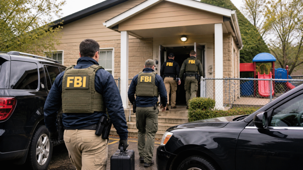 FBI agents in tactical gear entering a small building during a raid, with law enforcement vehicles parked nearby and a playground visible in the background