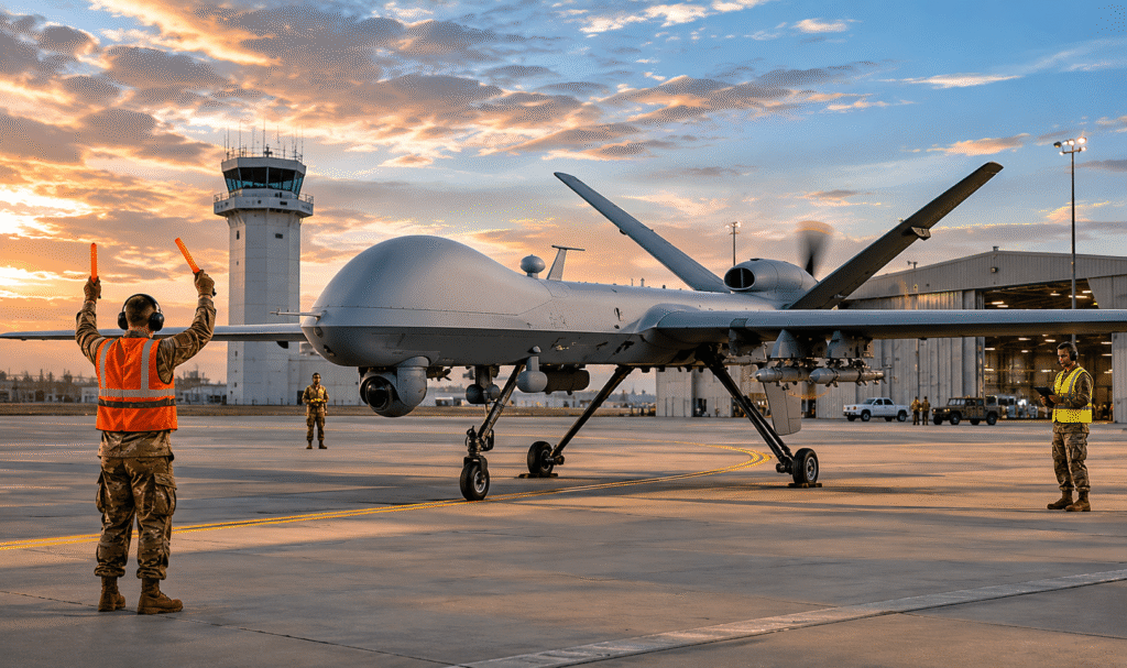 MQ-9 Reaper drone taxis along a runway near Bismarck as part of a North Dakota Air National Guard training and operational expansion mission.