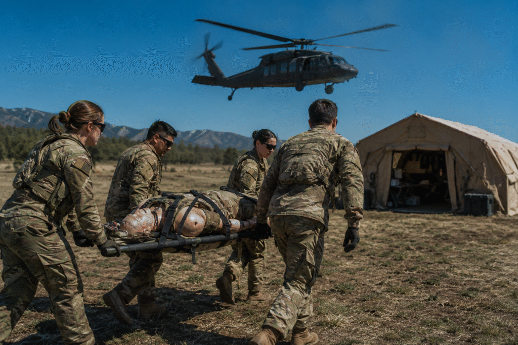Soldiers carry a simulated casualty on a stretcher during a military readiness exercise as a Black Hawk helicopter flies overhead near a field medical tent at Camp Navajo, Arizona.