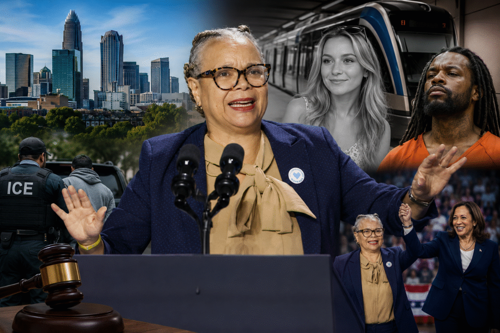 Political-style collage featuring a woman speaking at a podium surrounded by Charlotte skyline imagery, ICE enforcement scenes, a transit station, courtroom symbolism, and public safety themes tied to controversy surrounding Charlotte city leadership and immigration policies.
