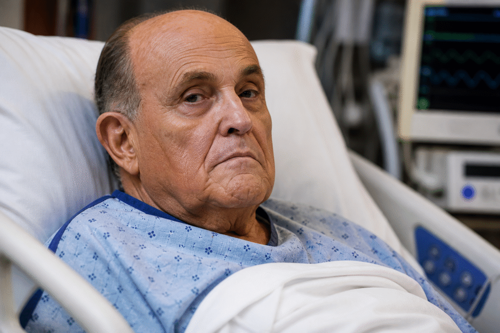 Elderly man lying in a hospital bed in a clinical ICU setting with medical monitors visible in the background