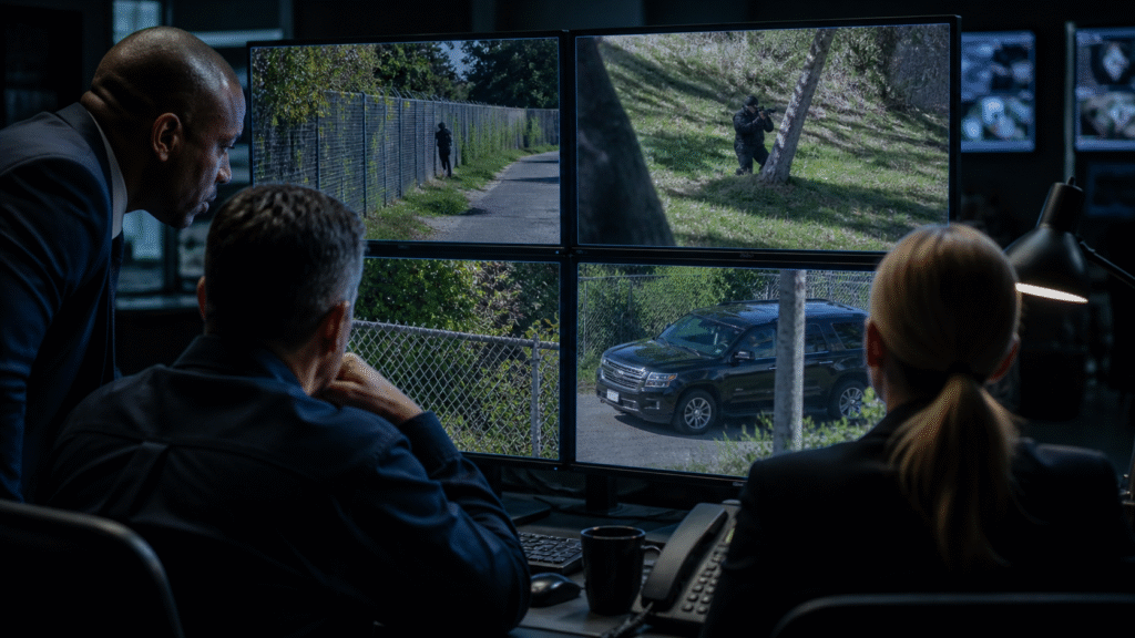 Law enforcement analysts review surveillance footage on multiple monitors in a dimly lit control room showing an outdoor incident scene