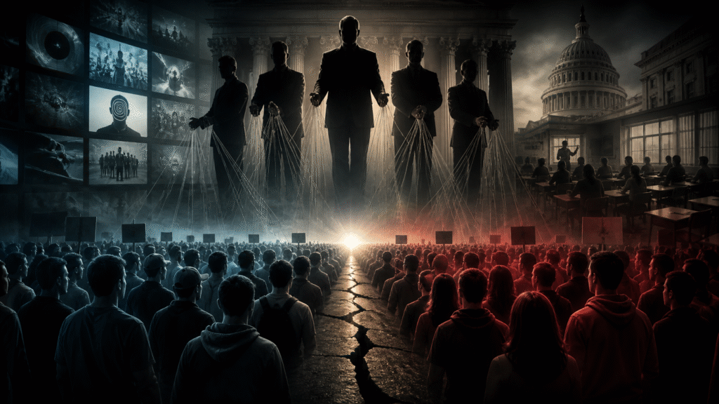 Shadowy figures loom above a divided crowd, controlling them with puppet-like strings, with government buildings, media screens, and a classroom scene in the background under dark cinematic lighting