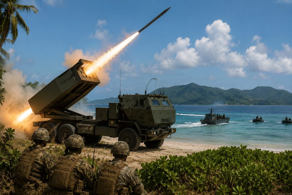 U.S. HIMARS rocket launcher fires during a coastal defense exercise in the Philippines as allied troops conduct joint military operations near the shoreline.