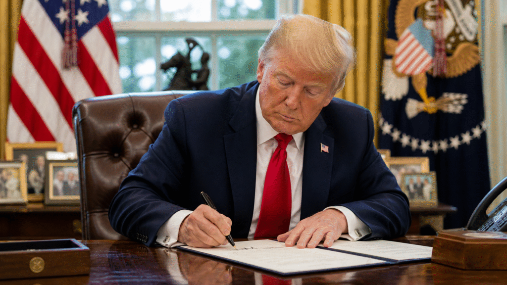 U.S. president seated at a desk in the Oval Office signing official documents, with American flags, framed photos, and a window in the background