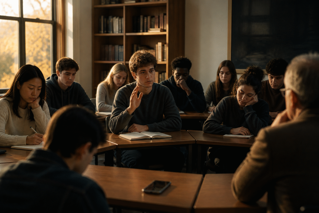 Students seated quietly in a university classroom, one student hesitating to speak while others look down, with a smartphone on the desk suggesting fear of being recorded during discussion
