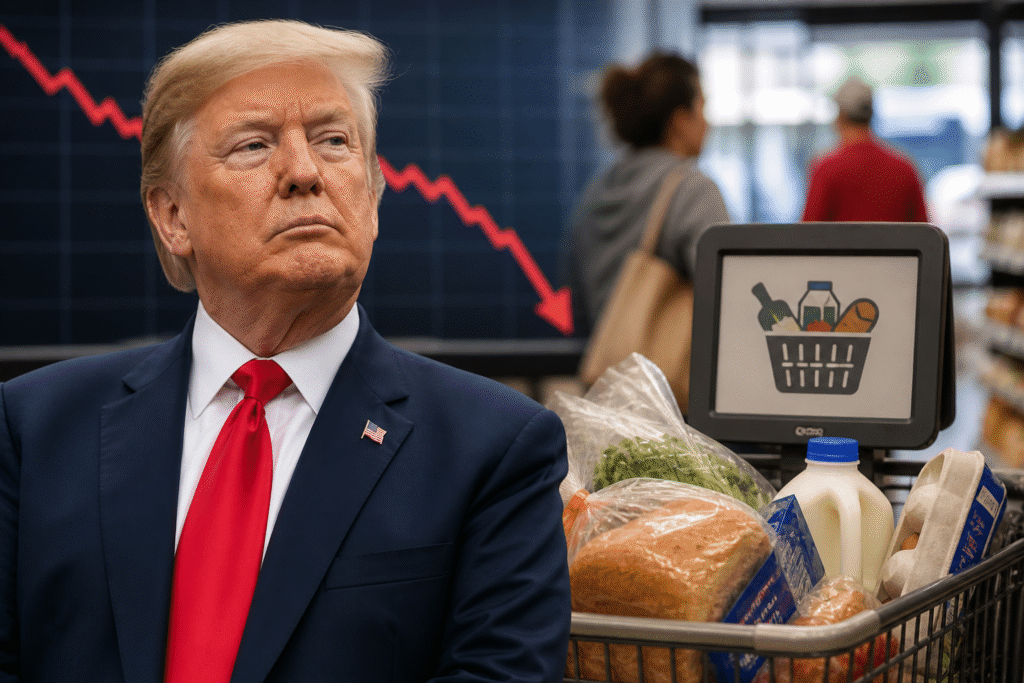 President Donald Trump stands in a grocery store beside a cart of food, with a downward trend graph displayed in the background