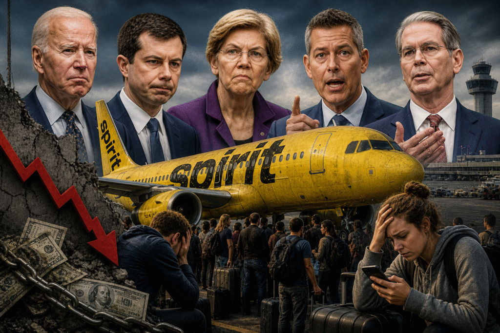 Passengers stranded at an airport near a grounded yellow budget airline plane, with storm clouds and a falling graph symbolizing airline collapse and industry disruption