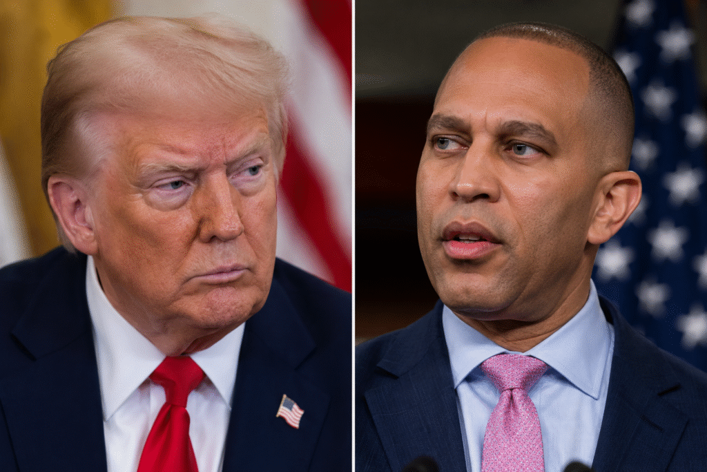 Split-image portrait of President Donald Trump and House Minority Leader Hakeem Jeffries facing opposite directions against blurred American flag backgrounds during a political dispute over Supreme Court legitimacy.