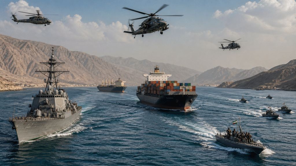 Cargo ships and a naval warship moving through a narrow sea passage with military helicopters overhead and small patrol boats surrounding them, depicting a tense maritime security operation.