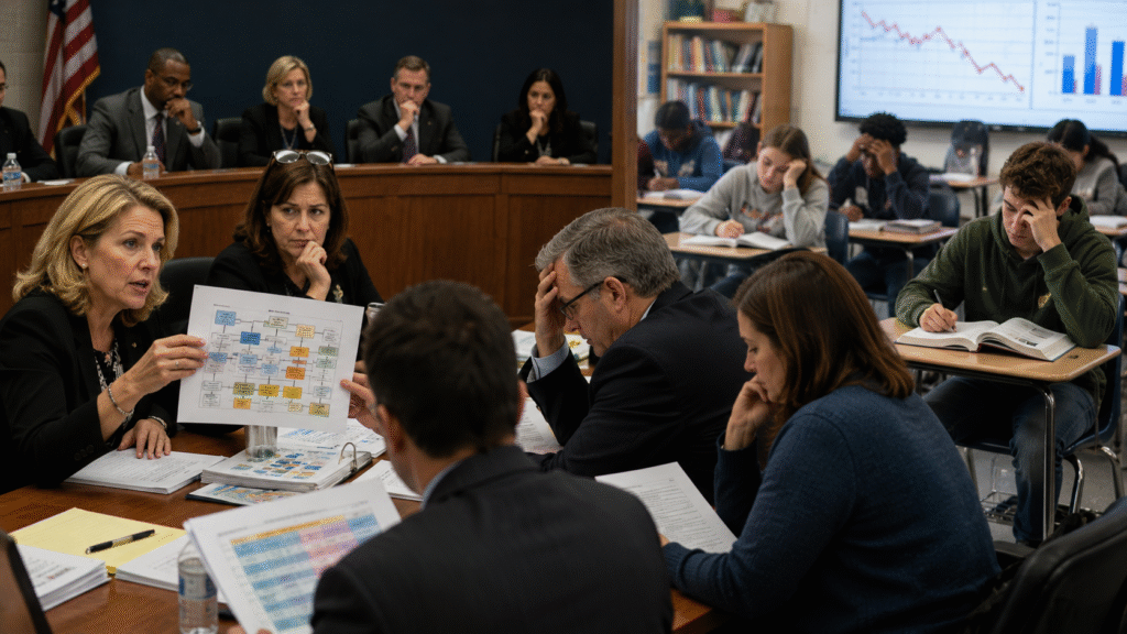 School officials review grading policy documents during a tense board-style meeting while stressed students sit in a classroom beside charts showing declining academic performance.