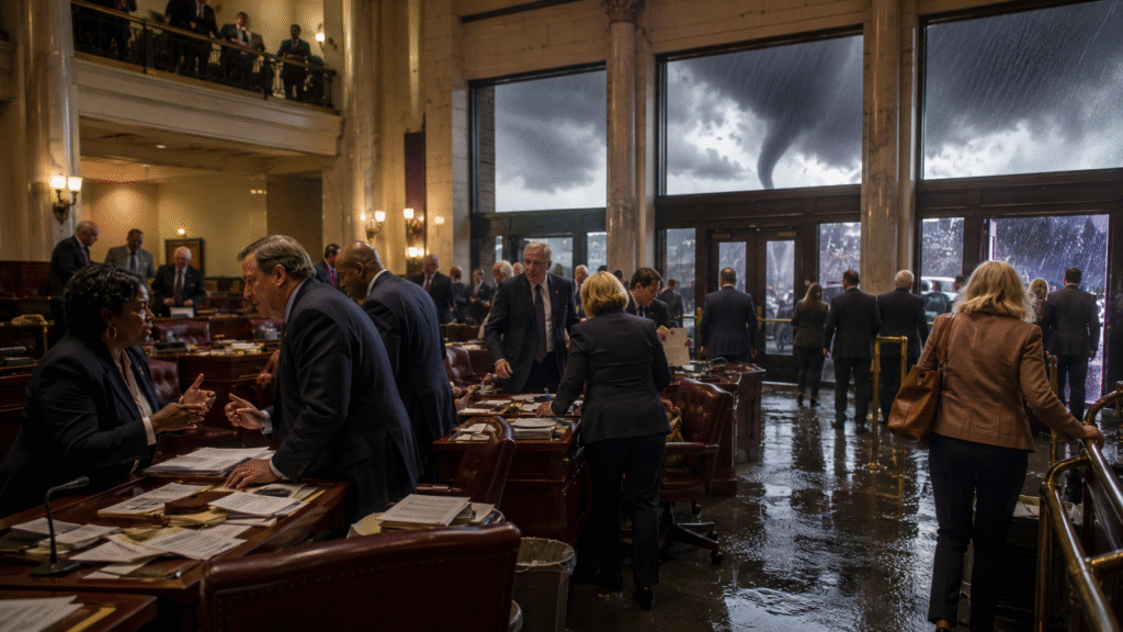 Dramatic scene inside a state legislative chamber during severe weather, with lawmakers debating amid flooding and tornado conditions visible through large windows as people evacuate the building.