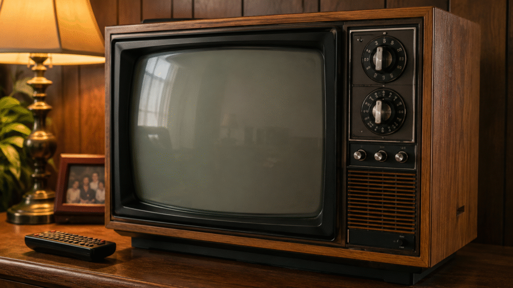 Vintage wood-paneled cable television set with rotary dials sitting on a wooden table in a warmly lit retro living room, symbolizing the early era of cable news broadcasting.