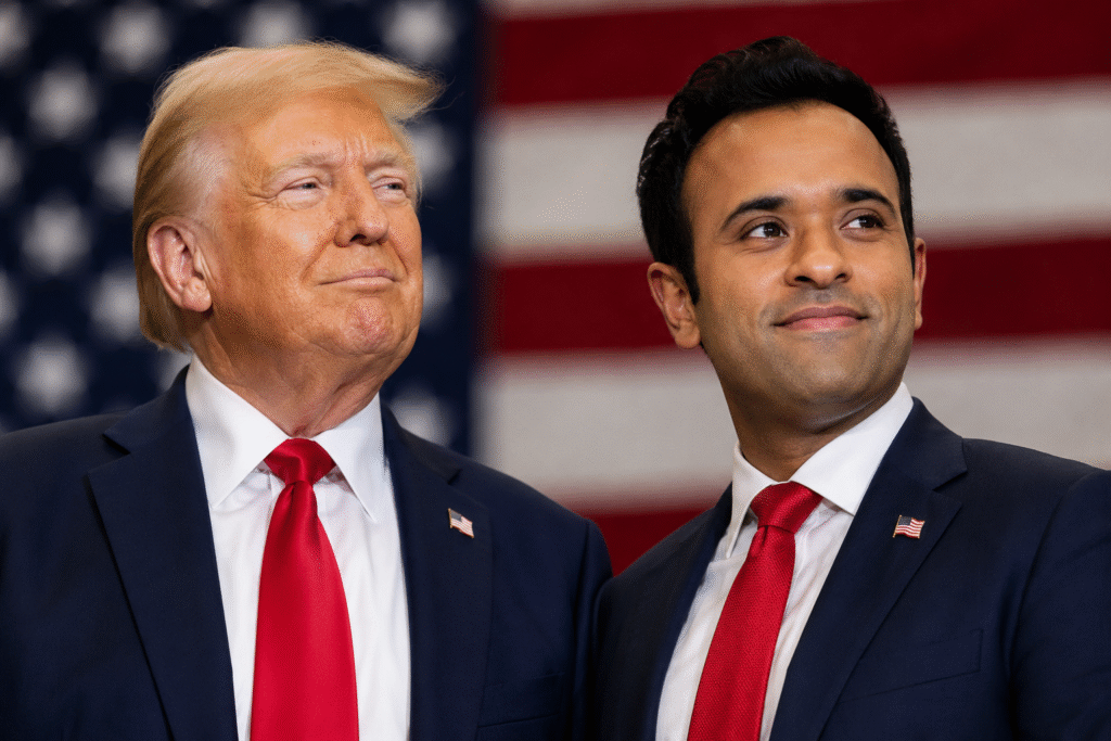 President Donald Trump and Vivek Ramaswamy standing side by side in suits and red ties with blurred American flag backgrounds during a political campaign endorsement moment.