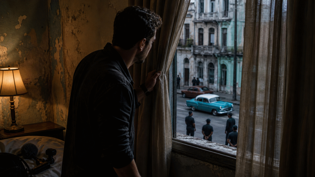 Journalist standing inside a dim Havana hotel room looking out at shadowy figures on a worn street with vintage cars and visible signs of poverty and surveillance.