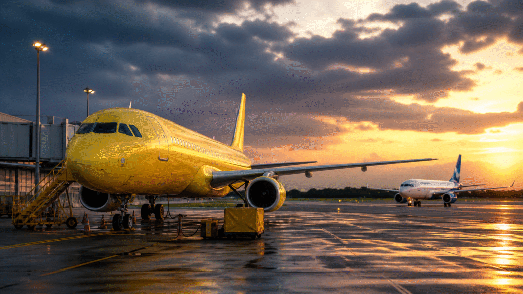 Grounded yellow passenger airplane parked at an airport gate at sunset with storm clouds overhead and another aircraft taxiing in the background on a wet runway