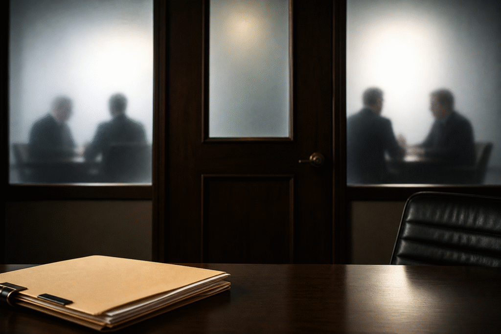 Symbolic image of a closed government office with blurred figures behind glass, representing restricted access to public health discussions.