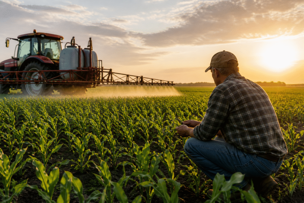 Farmer inspecting young crops in a field at sunset while a tractor sprays pesticide across rows in the background