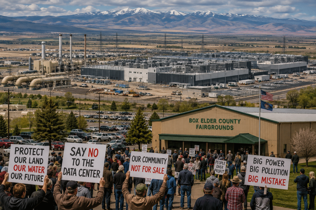 Large rural landscape in Utah with industrial AI data center construction, power infrastructure, natural gas facilities, and residents protesting near a county meeting venue.